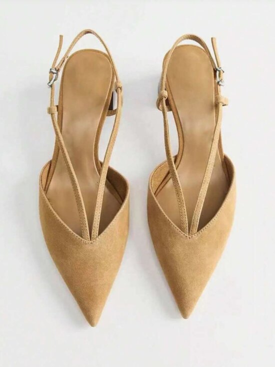 Shoes - Women's Beige Suede Pointed Toe Slingback Pumps Strap Detail Block Heel